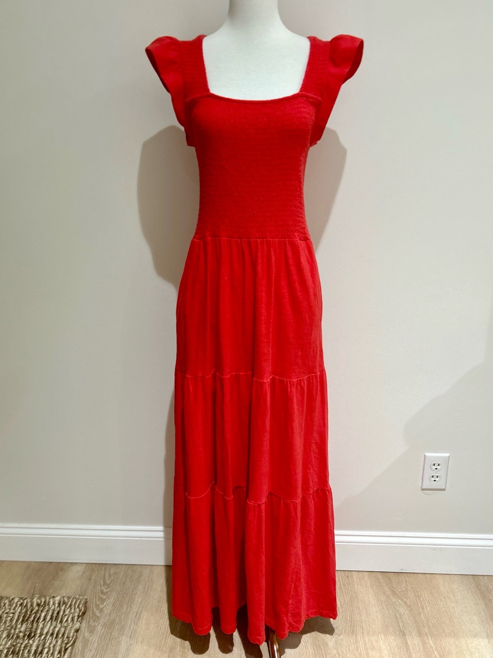 Lucky Brand Red Maxi Dress Square Neck Flutter Sleeves Smocked Top Sz M Stretchy